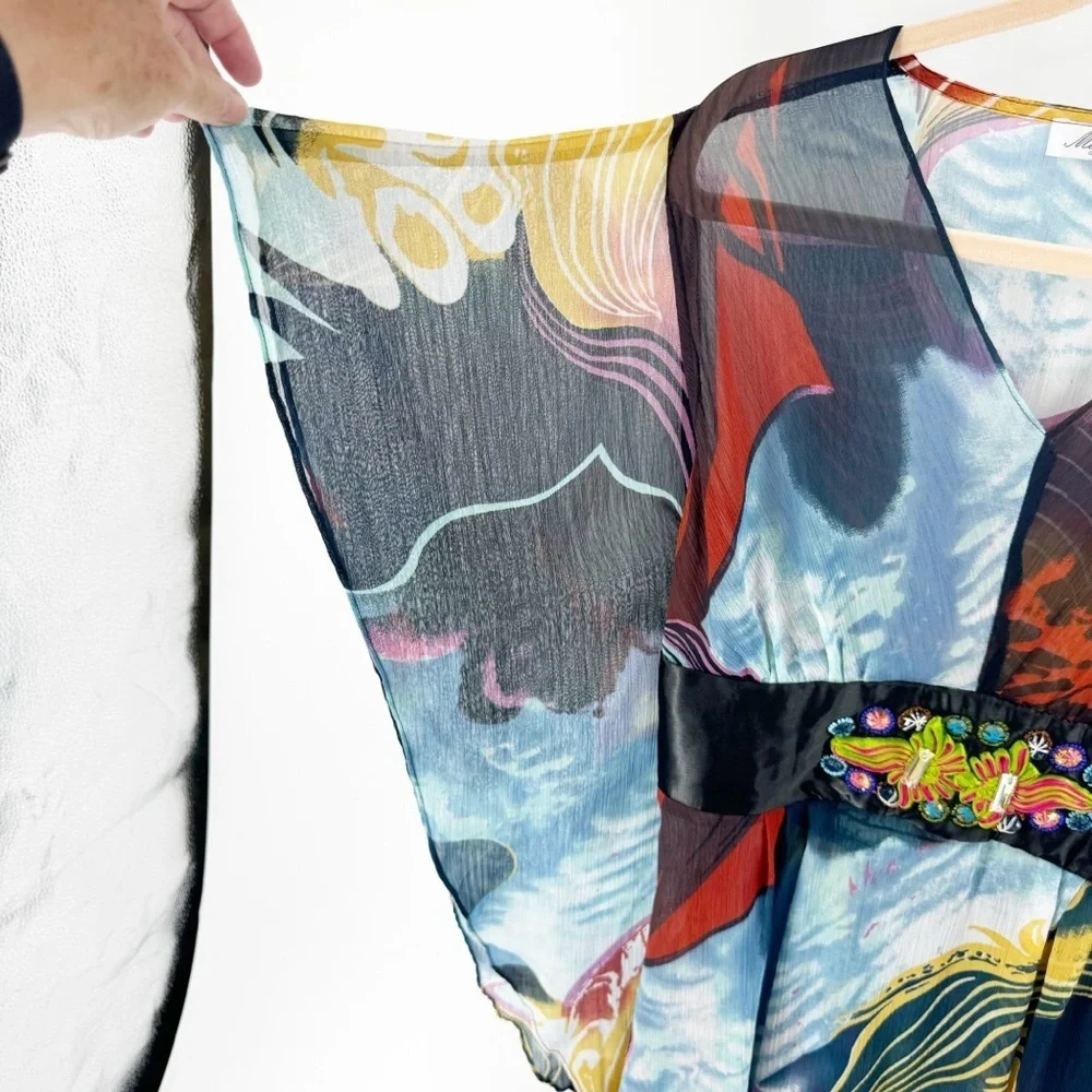✅Meghan Fabulous Colorful Printed Embroidered Sheer Caftan/ Swim Cover Up Size S